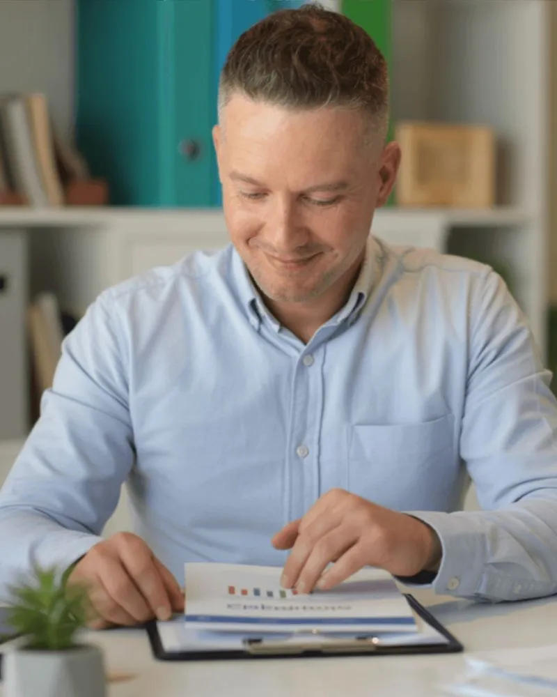 Joshua reviewing a financial report at a desk
